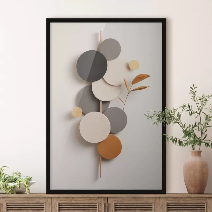 Papier peint Cercles abstraits avec des feuilles dans des tons neutres f48602