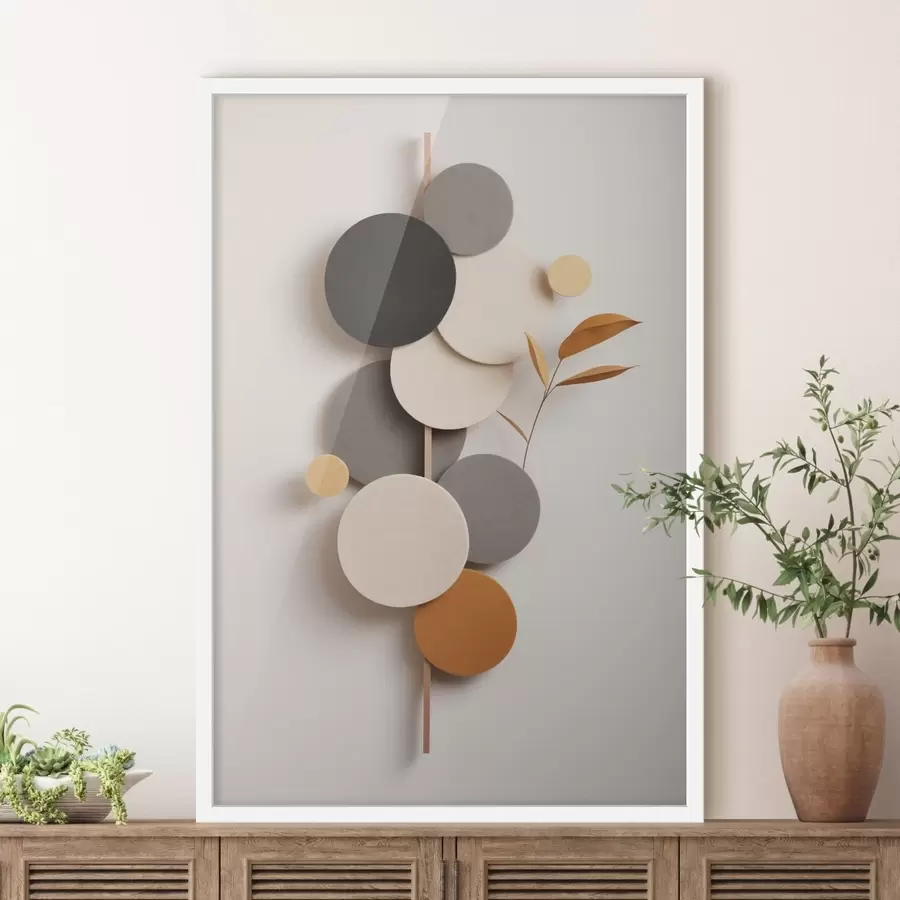 Papier peint Cercles abstraits avec des feuilles dans des tons neutres f48602