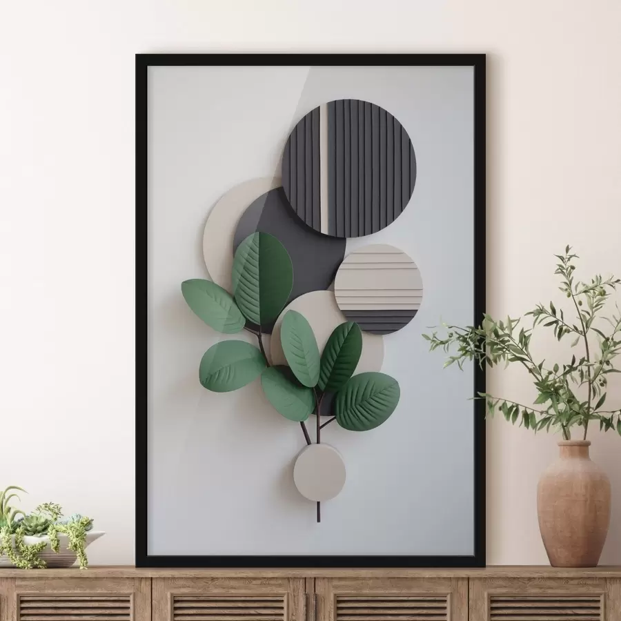 Papier peint Feuilles vertes avec des éléments ronds en relief f48603