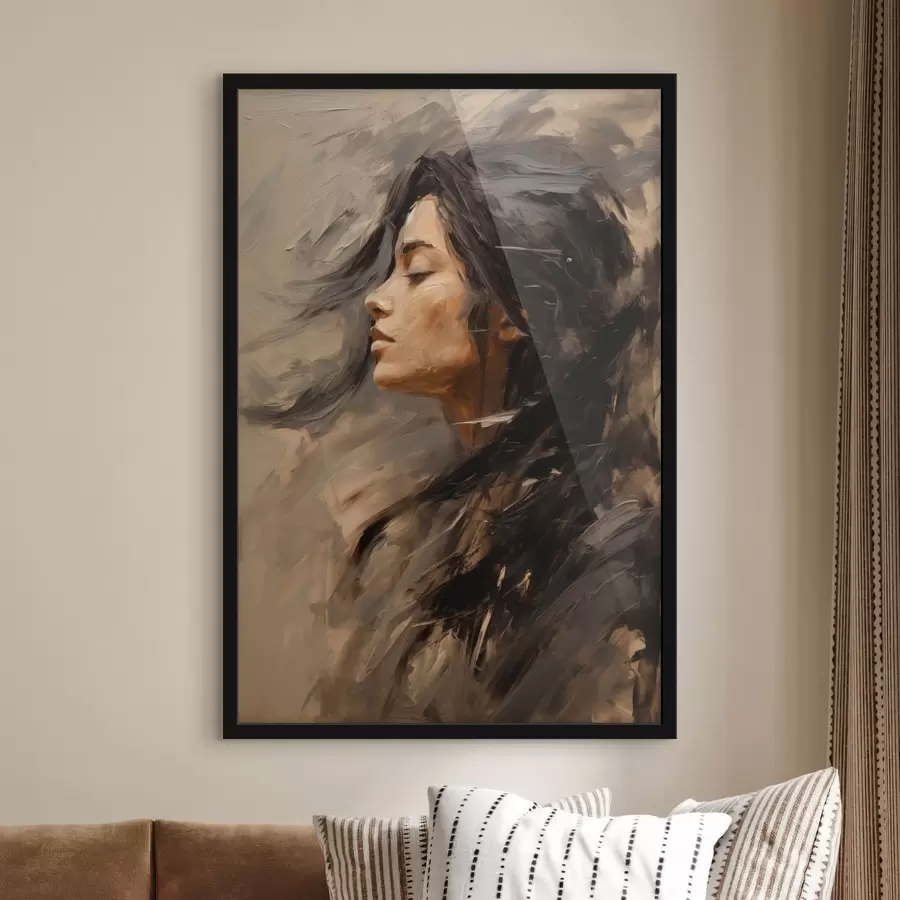 Papier peint Profil féminin rendu par des touches picturales, dans des tons chauds f48621