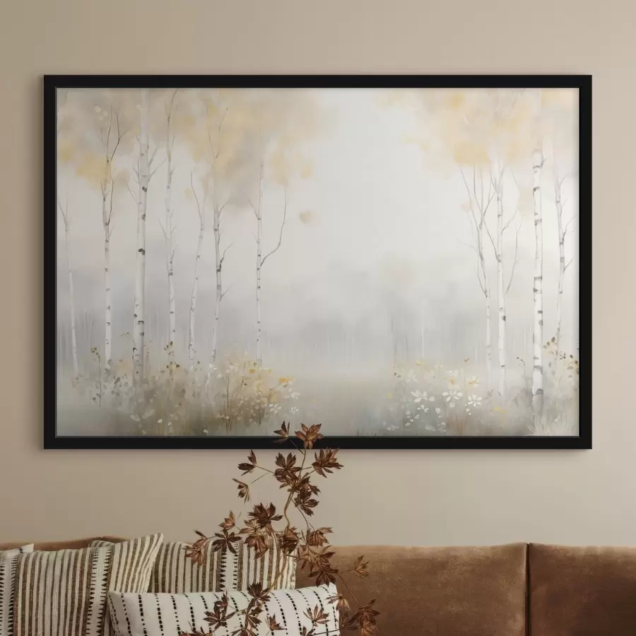 Papier peint Une forêt d'arbres élancés dans la brume, dans des tons clairs et doux f48623