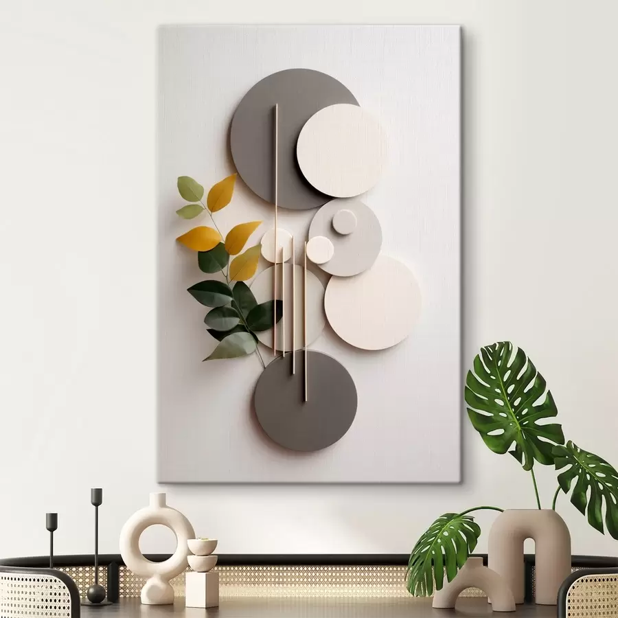 Tableau Cercles géométriques accompagnés d'une branche feuillue verte s48598