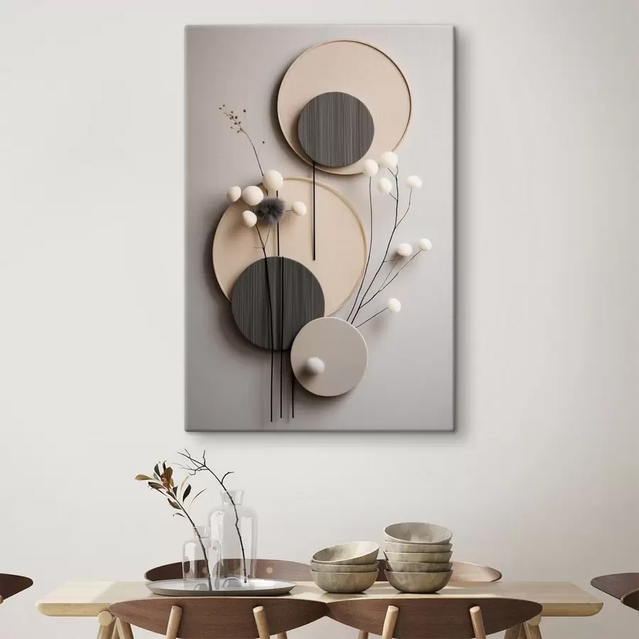 Tableau Panneaux ronds ornés de brindilles sèches et de boules moelleuses s48601