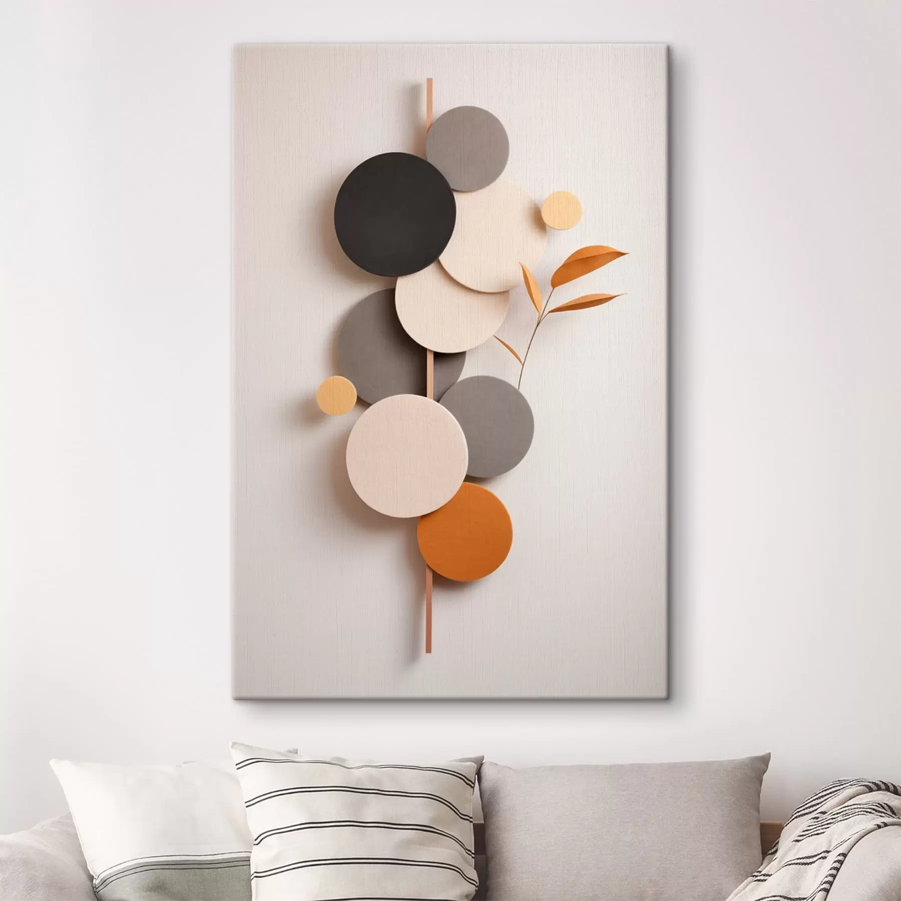 Tableau Cercles abstraits avec des feuilles dans des tons neutres s48602