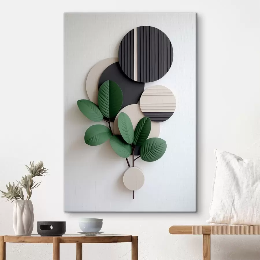 Tableau Feuilles vertes avec des éléments ronds en relief s48603