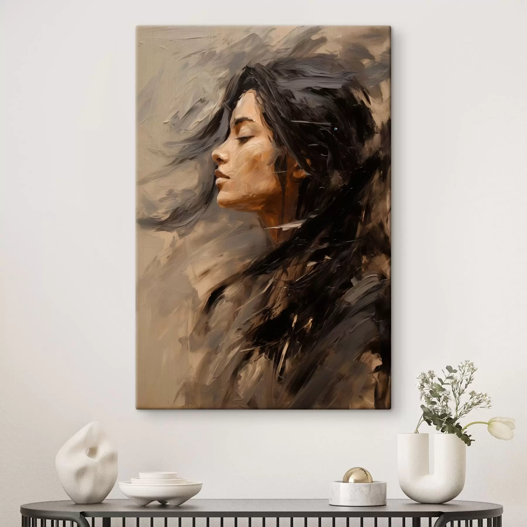 Tableau Profil féminin rendu par des touches picturales, dans des tons chauds s48621