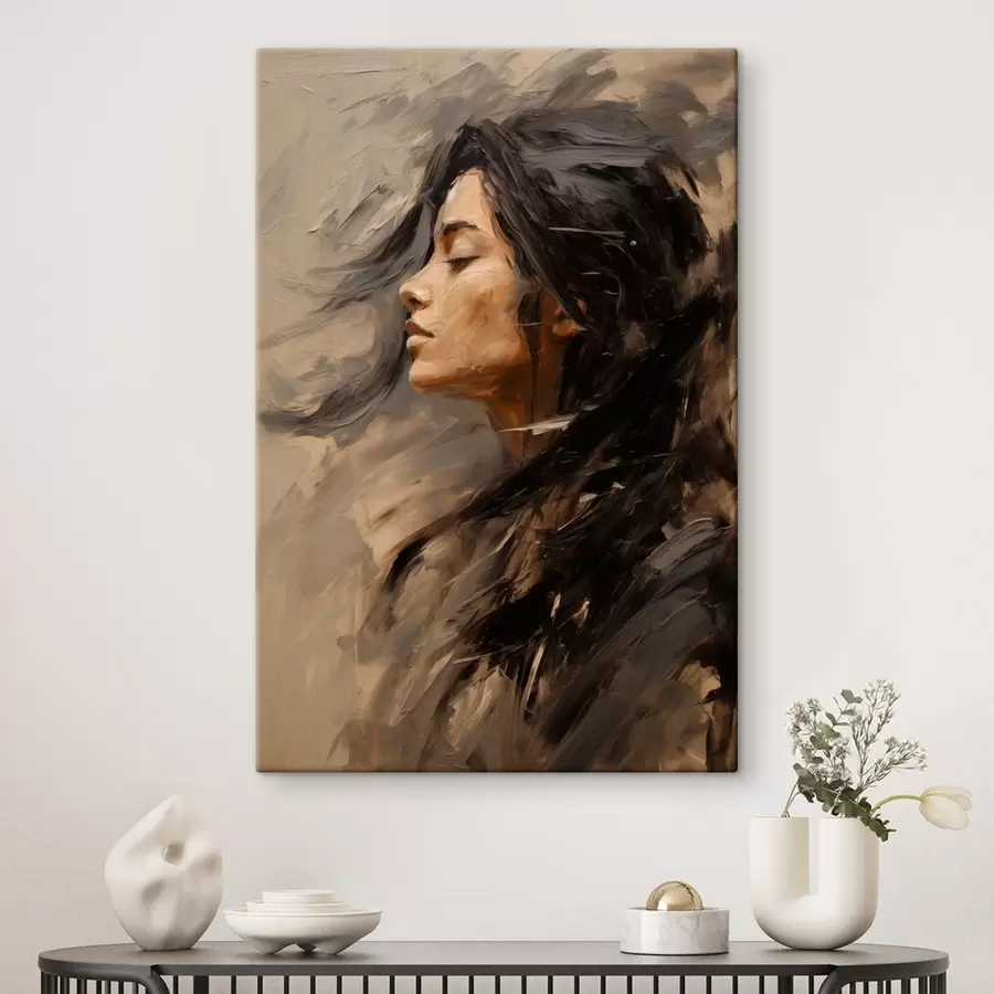 Tableau Profil féminin rendu par des touches picturales, dans des tons chauds s48621