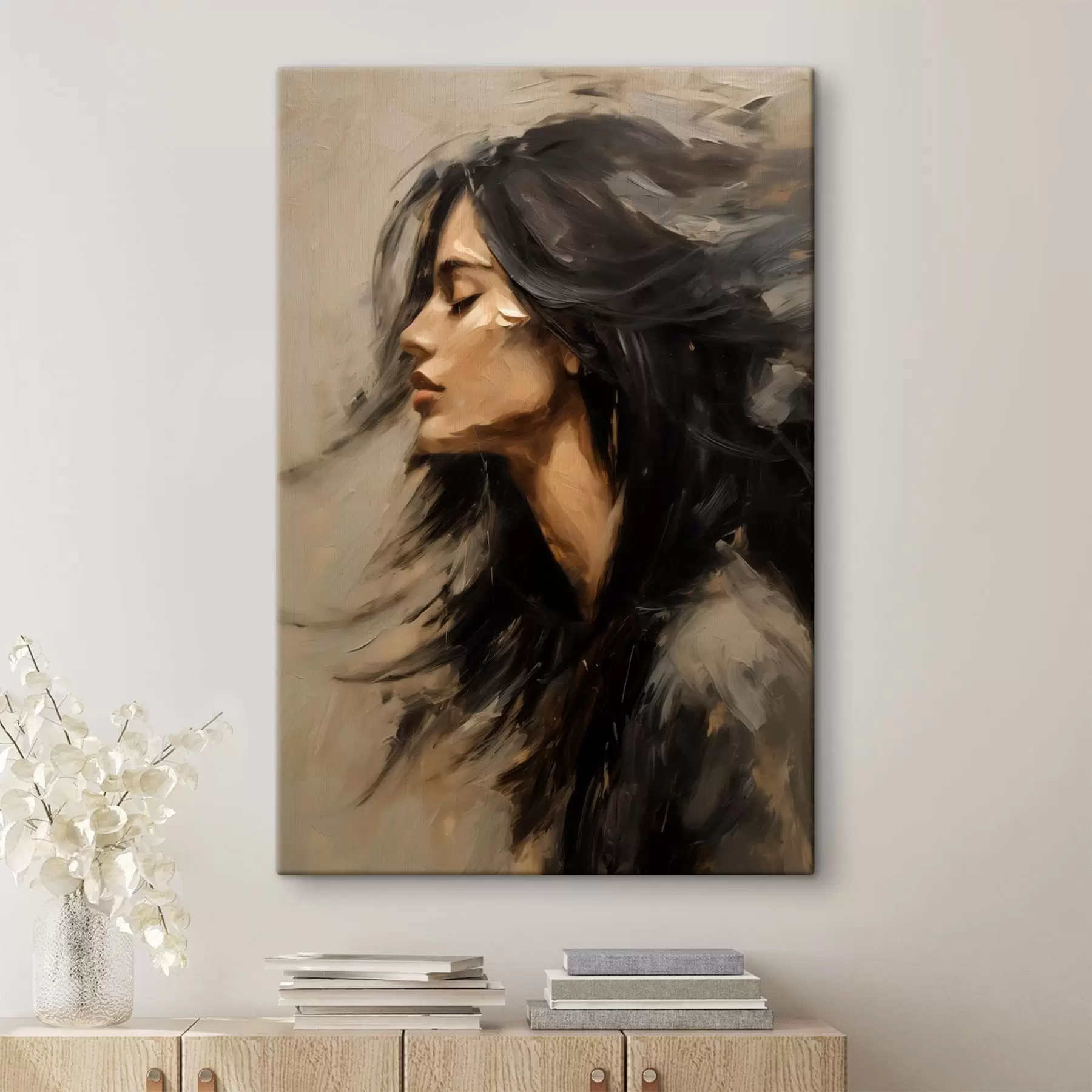 Tableau Portrait d'une femme aux cheveux flottants, dans un style pictural s48622