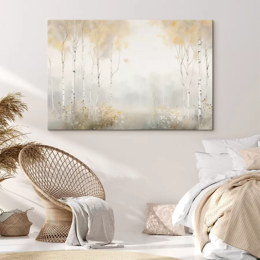 Tableau Une forêt d'arbres élancés dans la brume, dans des tons clairs et doux s48623