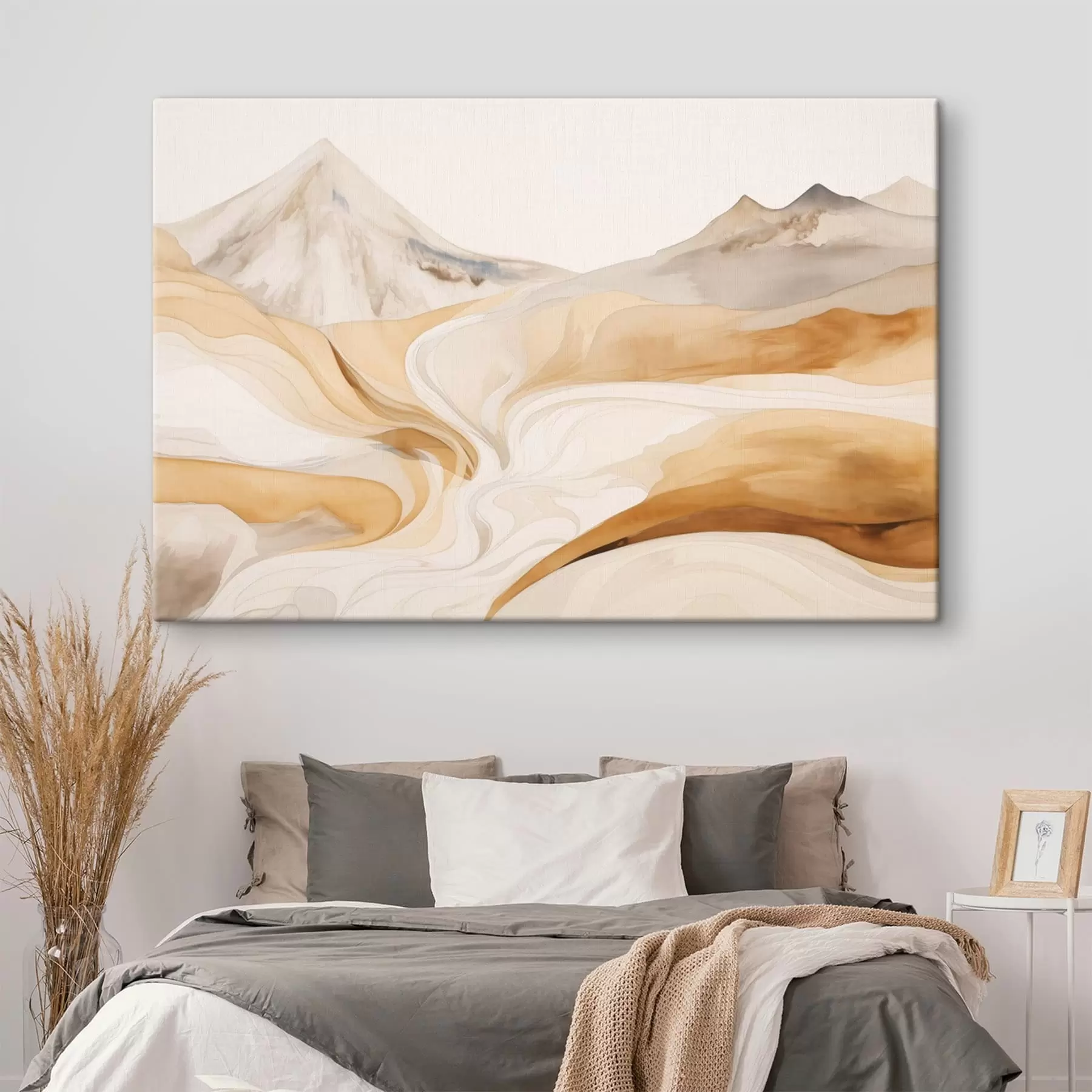 Tableau Paysage stylisé avec des montagnes et des lignes fluides s48626