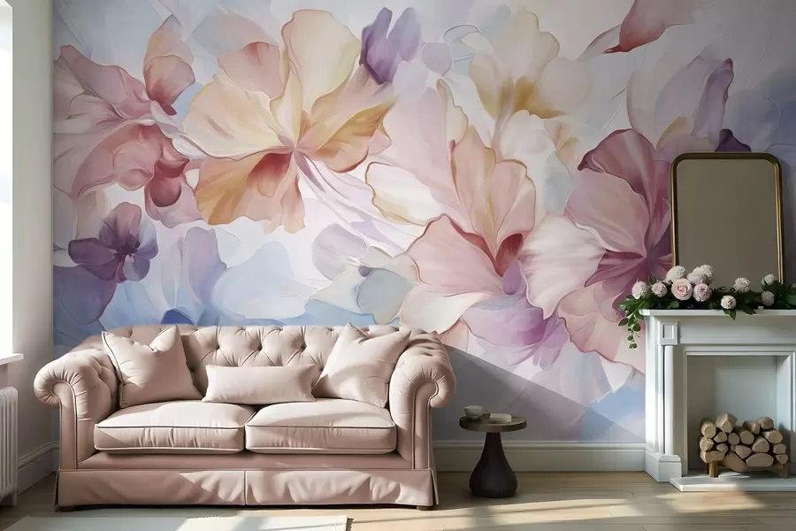 Papier peint Fleurs fantaisistes abstraites dans des tons de rose, de pêche et de lavande, dans un style pictural et texturé w09767