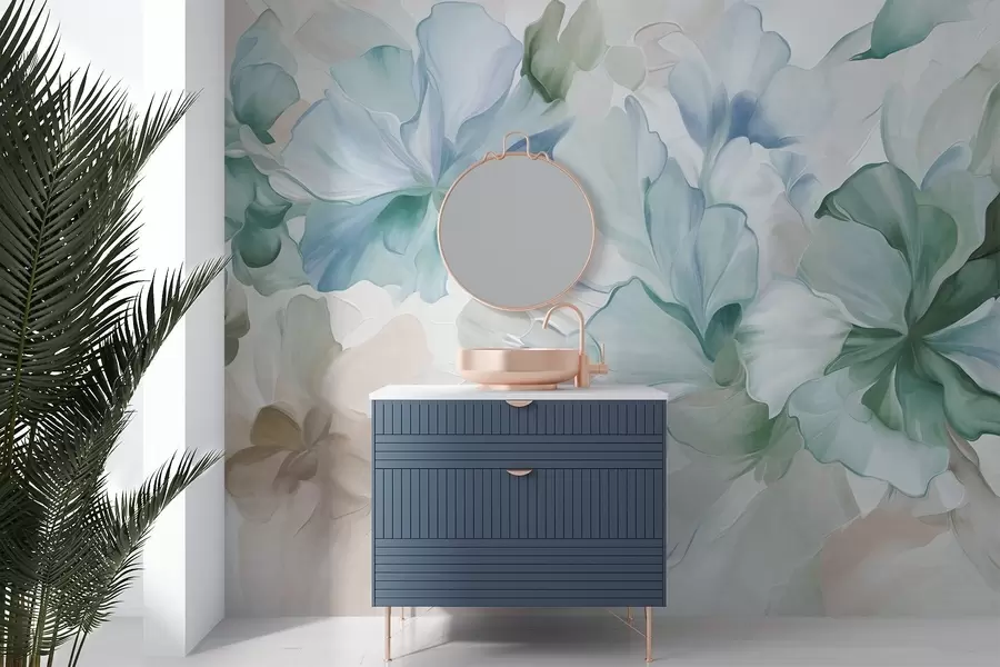 Papier peint Fleurs fantaisistes abstraites dans des tons de vert, de bleu et de beige, dans un style pictural et texturé w09767v1