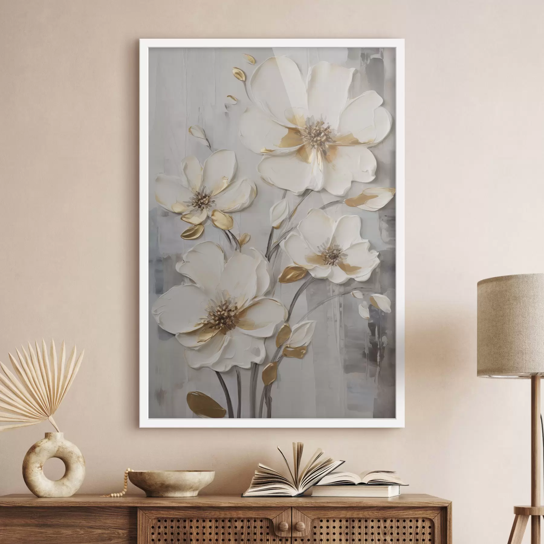 Papier peint Des fleurs blanches rehaussées de touches jaunes sur un fond texturé f48721