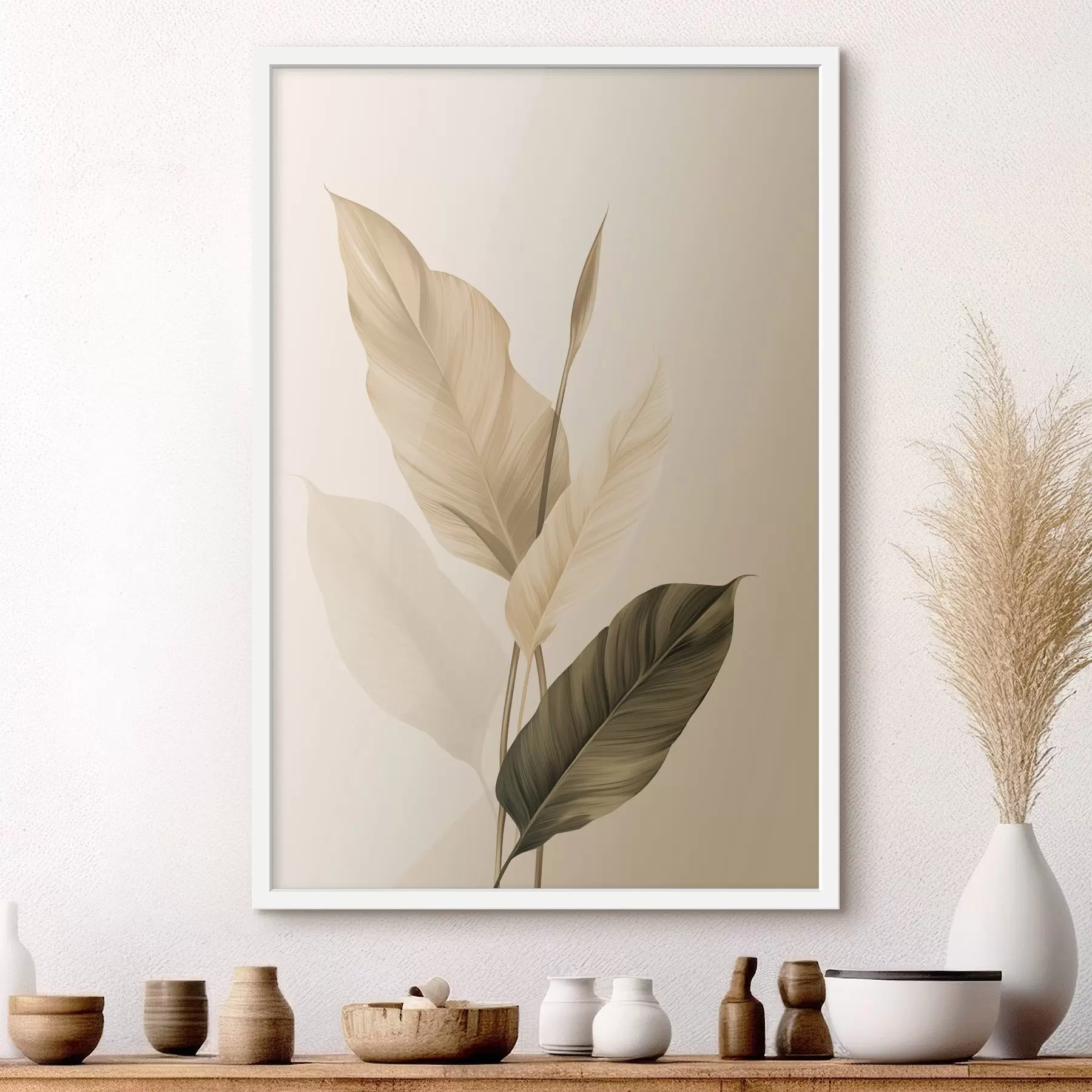 Papier peint Grandes feuilles tropicales dans des tons de beige et de marron, sur fond clair f48725