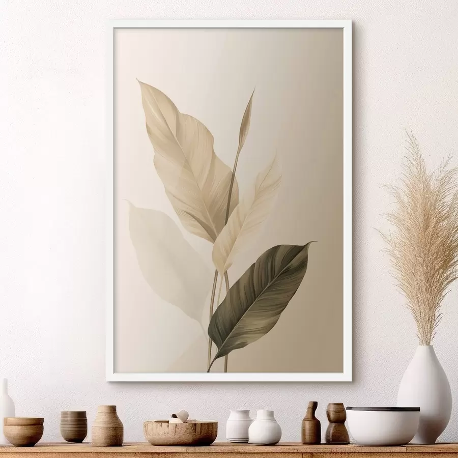 Papier peint Grandes feuilles tropicales dans des tons de beige et de marron, sur fond clair f48725