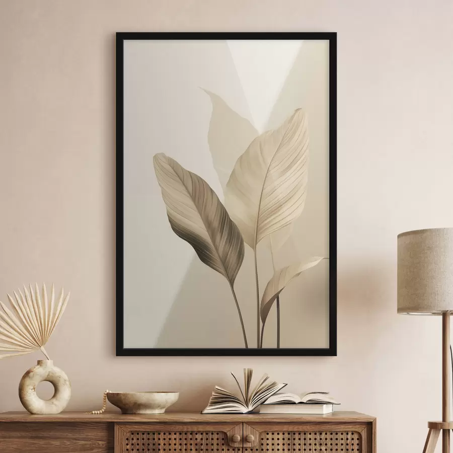 Papier peint Grandes feuilles tropicales dans des tons de beige et de marron, sur fond clair f48726