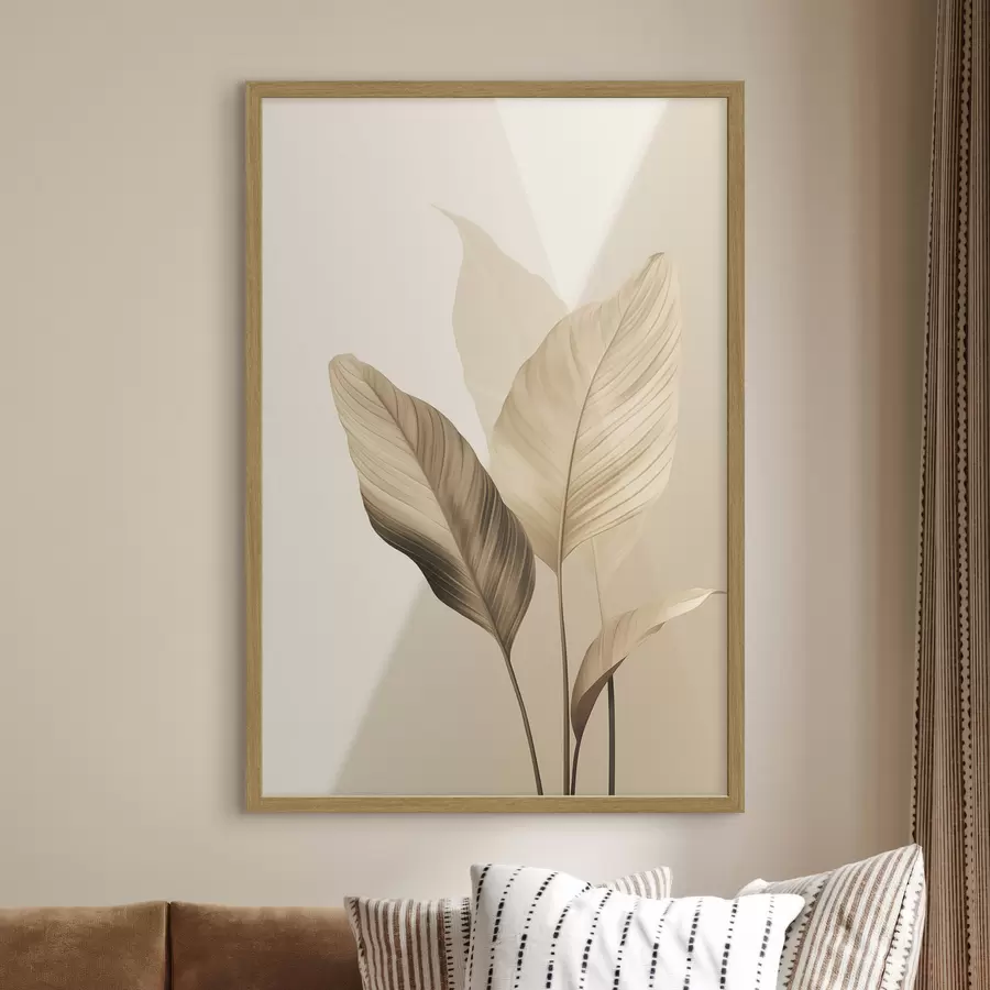 Papier peint Grandes feuilles tropicales dans des tons de beige et de marron, sur fond clair f48726
