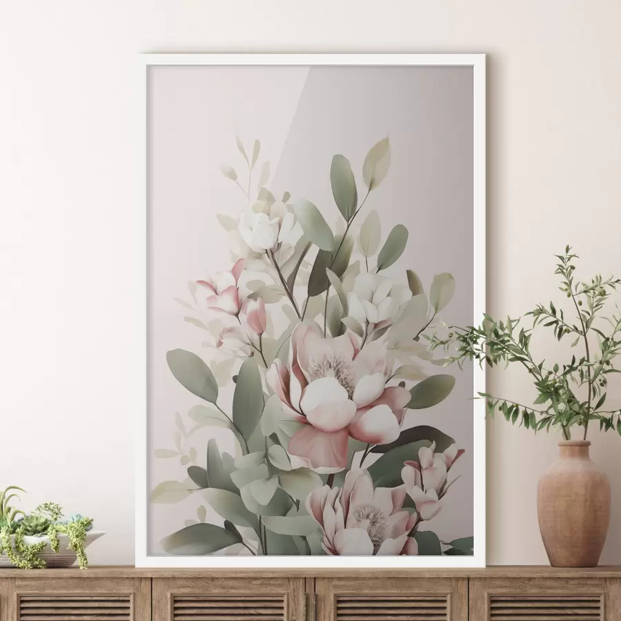 Papier peint Un bouquet de fleurs aux couleurs pastel avec des feuilles d'eucalyptus, sur fond rose pâle f48727