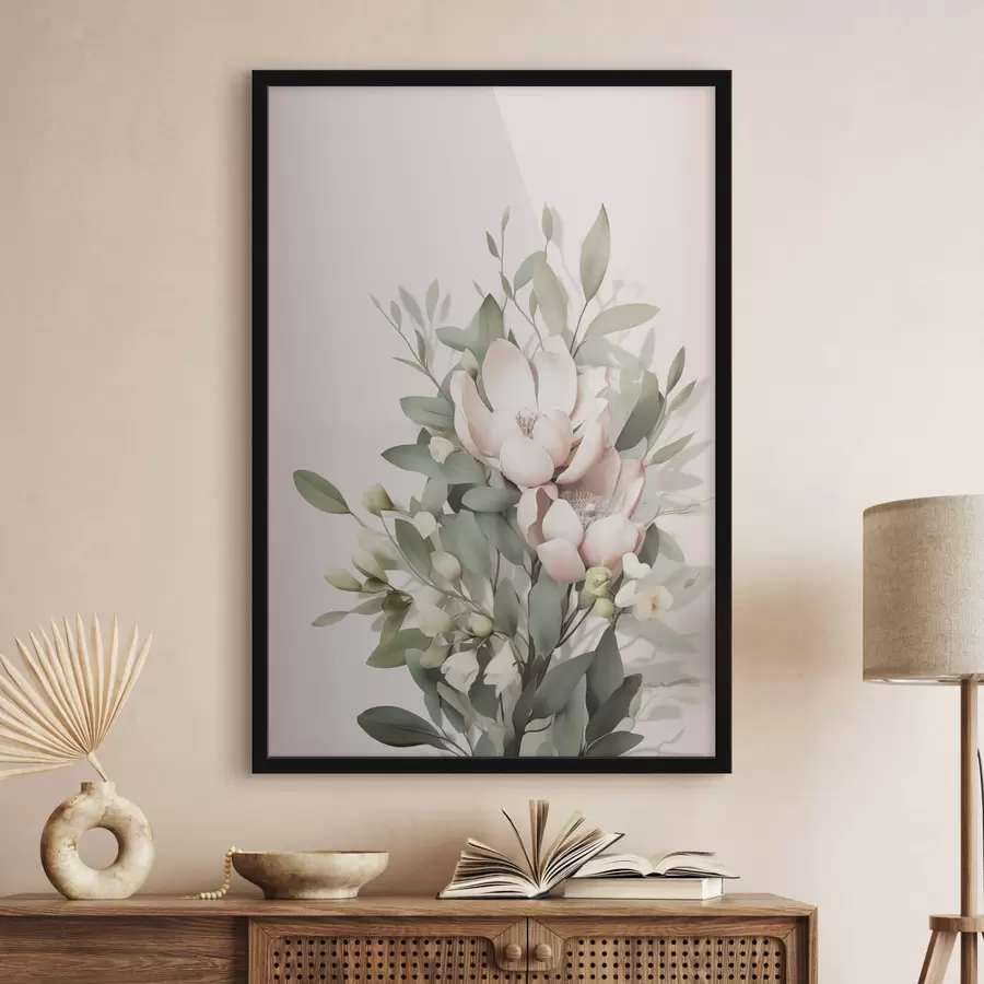 Papier peint Un bouquet de fleurs aux couleurs pastel avec des feuilles d'eucalyptus, sur fond rose pâle f48728