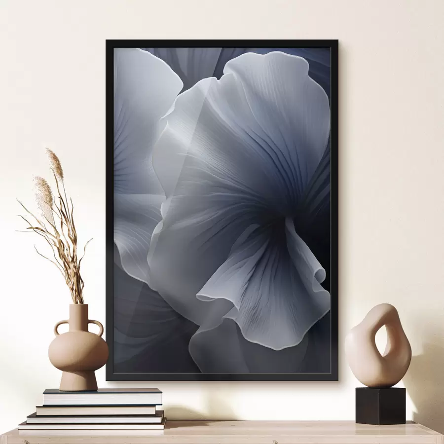 Papier peint Pétales de fleurs abstraites bleues et blanches sur fond sombre f48731