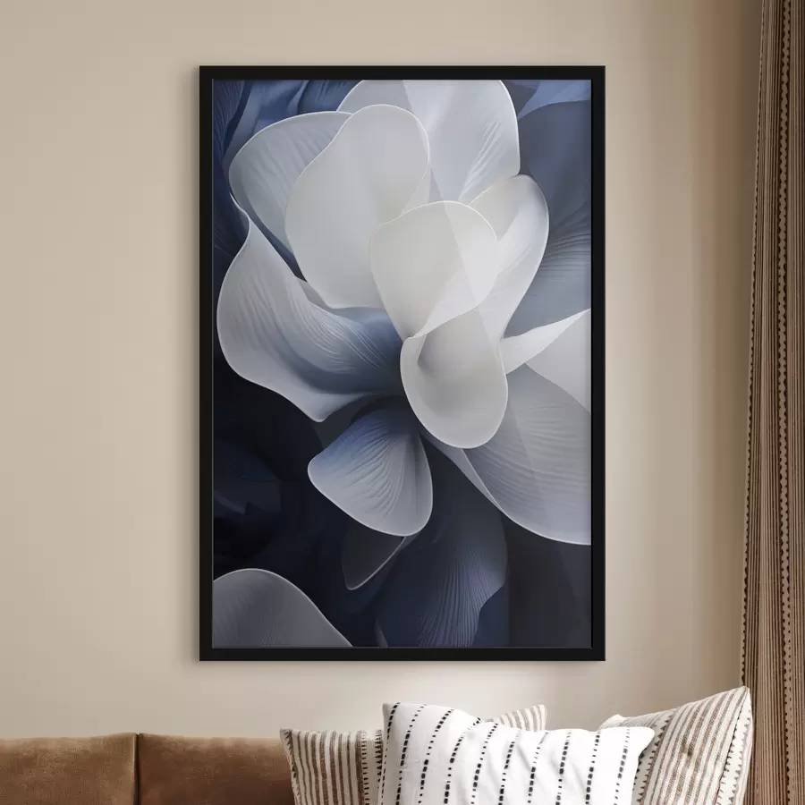 Papier peint Pétales de fleurs abstraites bleues et blanches sur fond sombre f48732