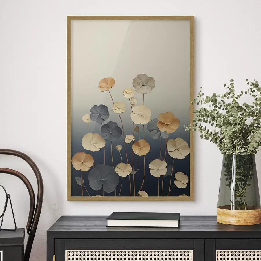 Papier peint Des feuilles de nénuphar sur un fond sobre de beige et de bleu foncé f48733