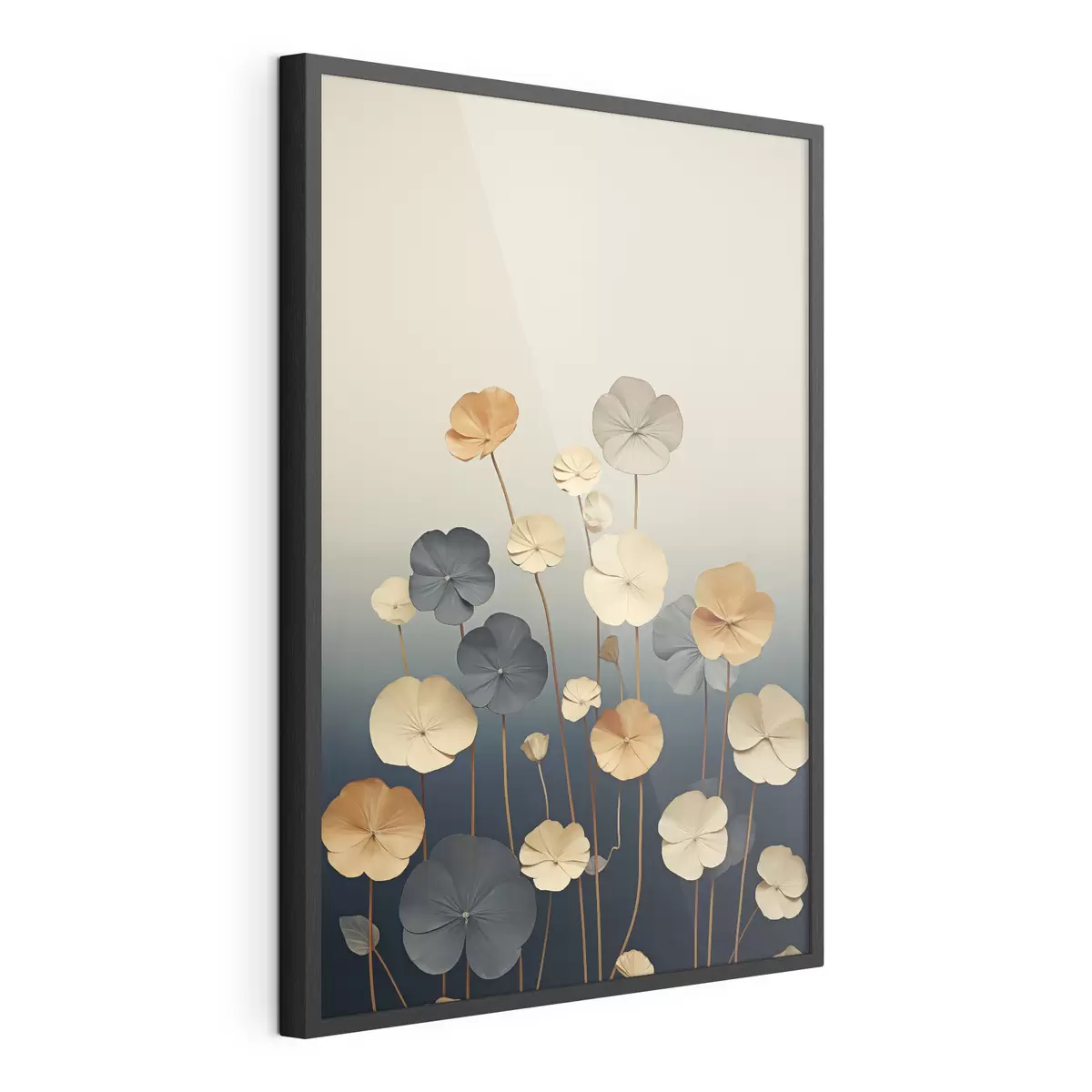 Poster Des feuilles de nénuphar sur un fond sobre de beige et de bleu foncé f48733