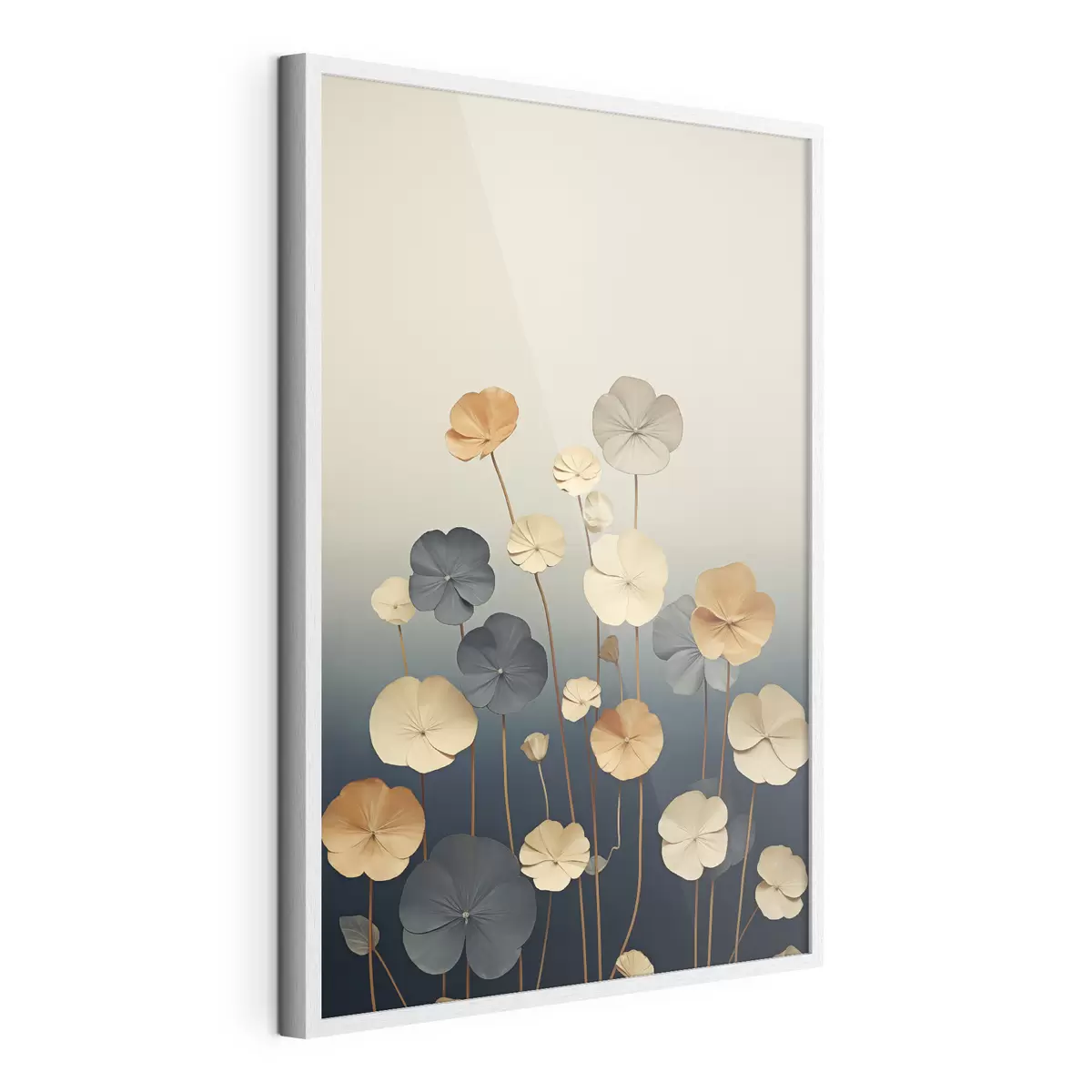 Poster Des feuilles de nénuphar sur un fond sobre de beige et de bleu foncé f48733