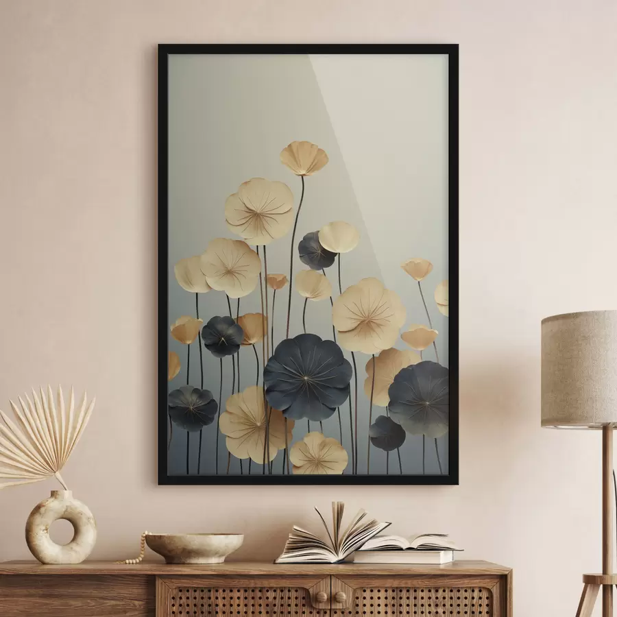 Papier peint Des feuilles de nénuphar sur un fond sobre de beige et de bleu foncé f48734