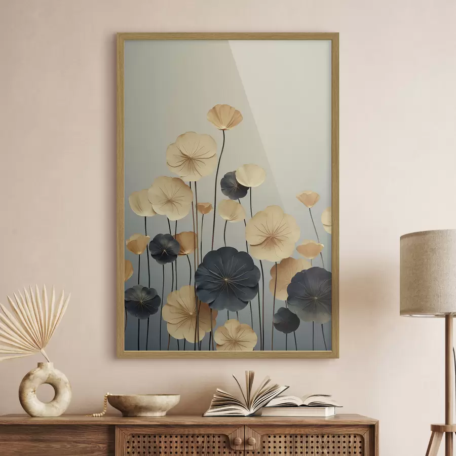 Papier peint Des feuilles de nénuphar sur un fond sobre de beige et de bleu foncé f48734