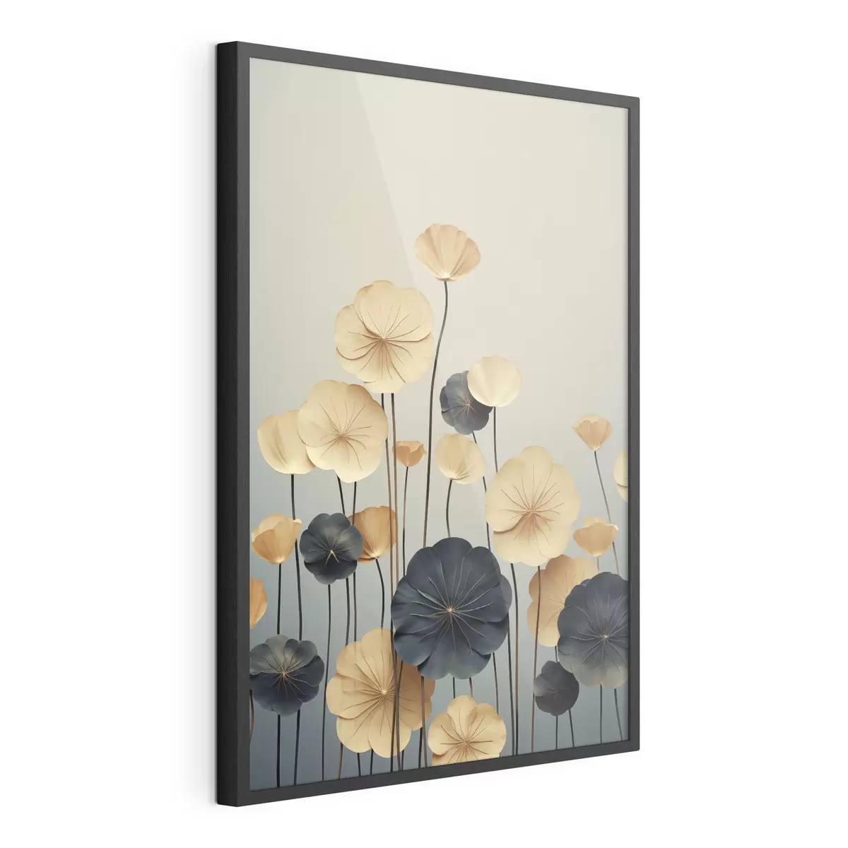 Poster Des feuilles de nénuphar sur un fond sobre de beige et de bleu foncé f48734
