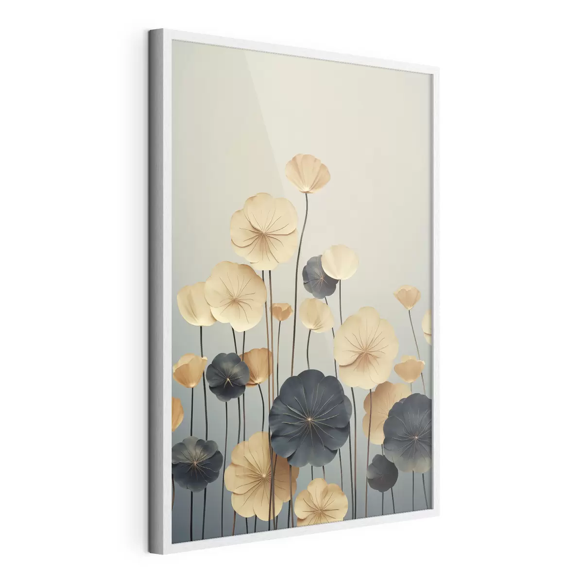 Poster Des feuilles de nénuphar sur un fond sobre de beige et de bleu foncé f48734