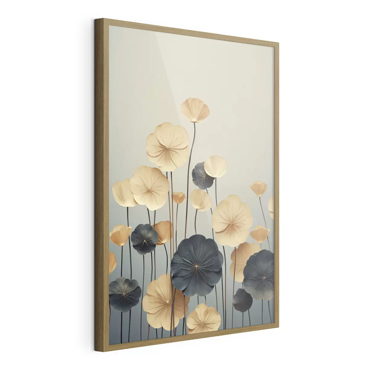 Poster Des feuilles de nénuphar sur un fond sobre de beige et de bleu foncé f48734