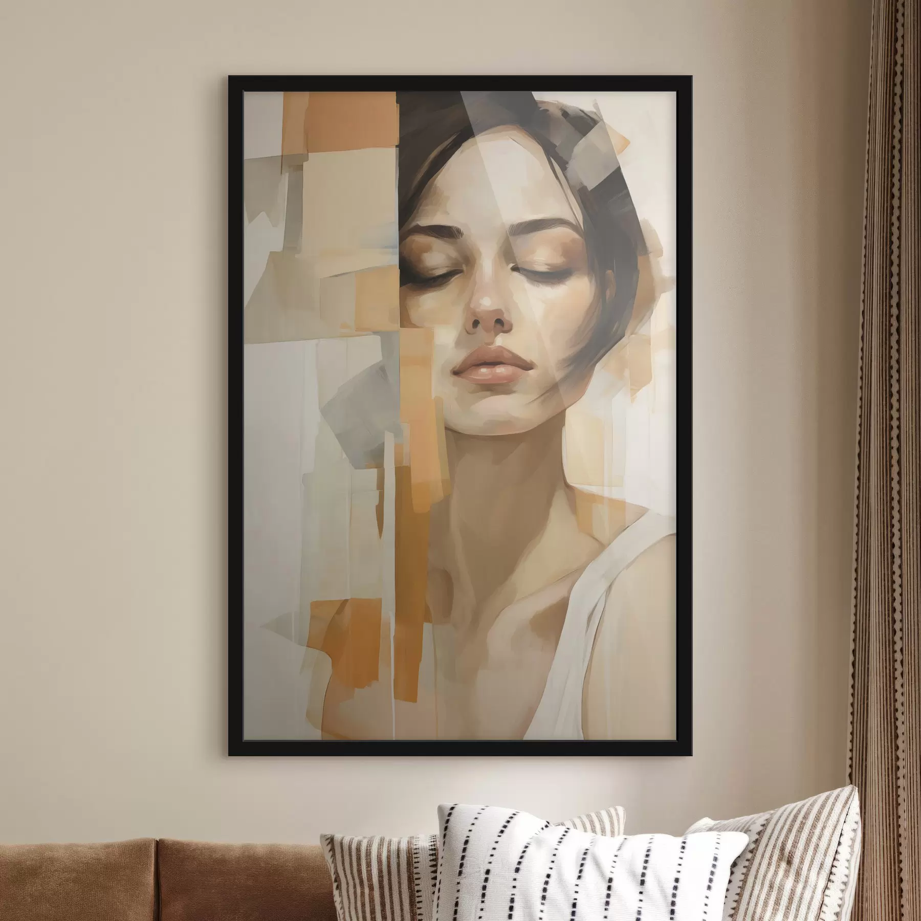 Papier peint Portrait abstrait d'une femme avec des formes orange et beiges f48736