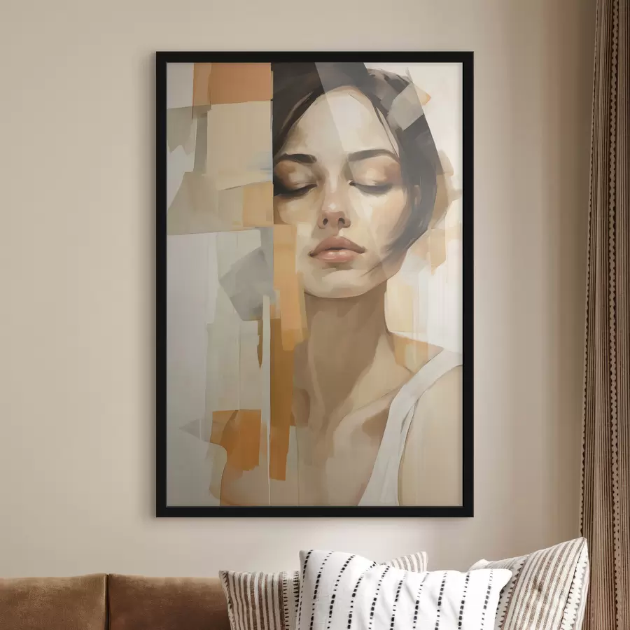 Papier peint Portrait abstrait d'une femme avec des formes orange et beiges f48736