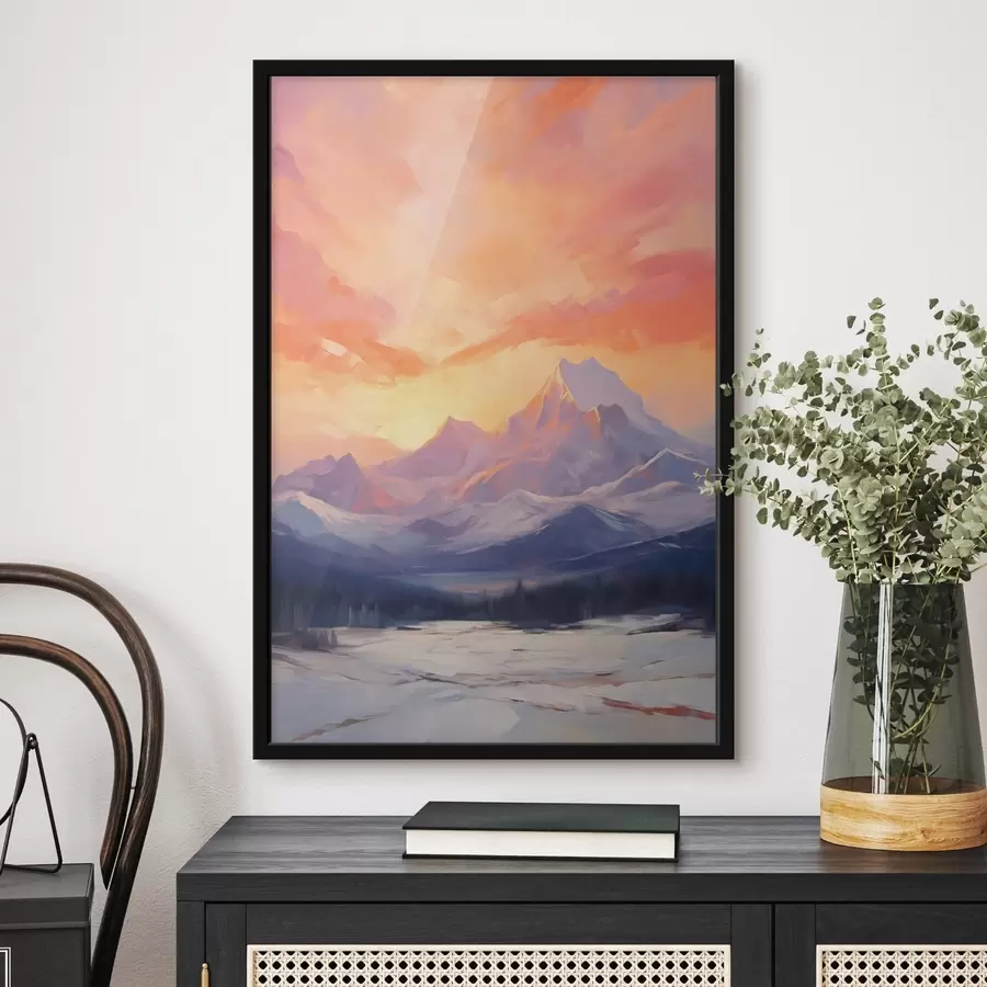 Papier peint Des montagnes aux sommets enneigés sous un ciel aux teintes vives d'orange et de rose, parsemé de nuages f48741