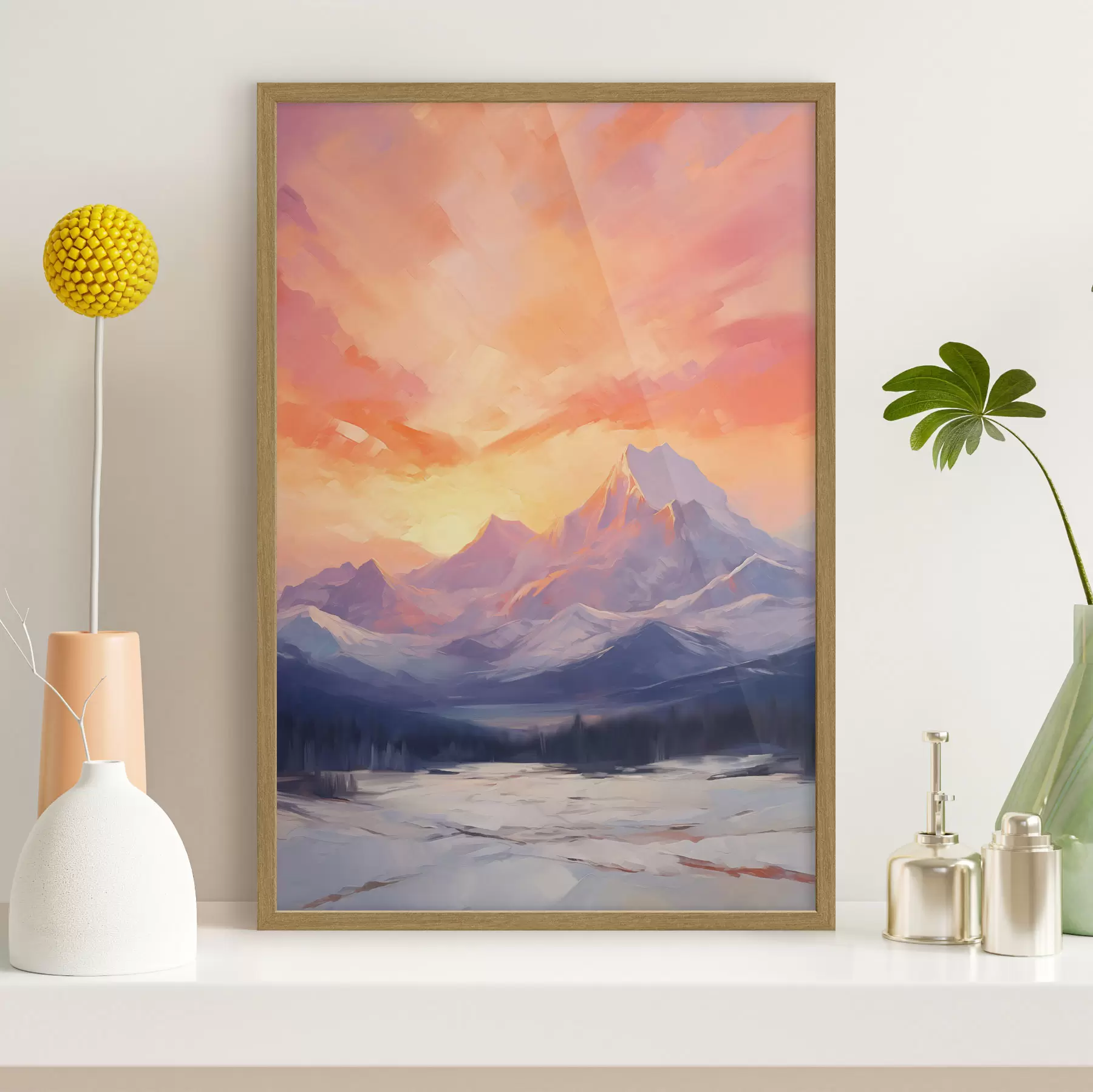 Papier peint Des montagnes aux sommets enneigés sous un ciel aux teintes vives d'orange et de rose, parsemé de nuages f48741