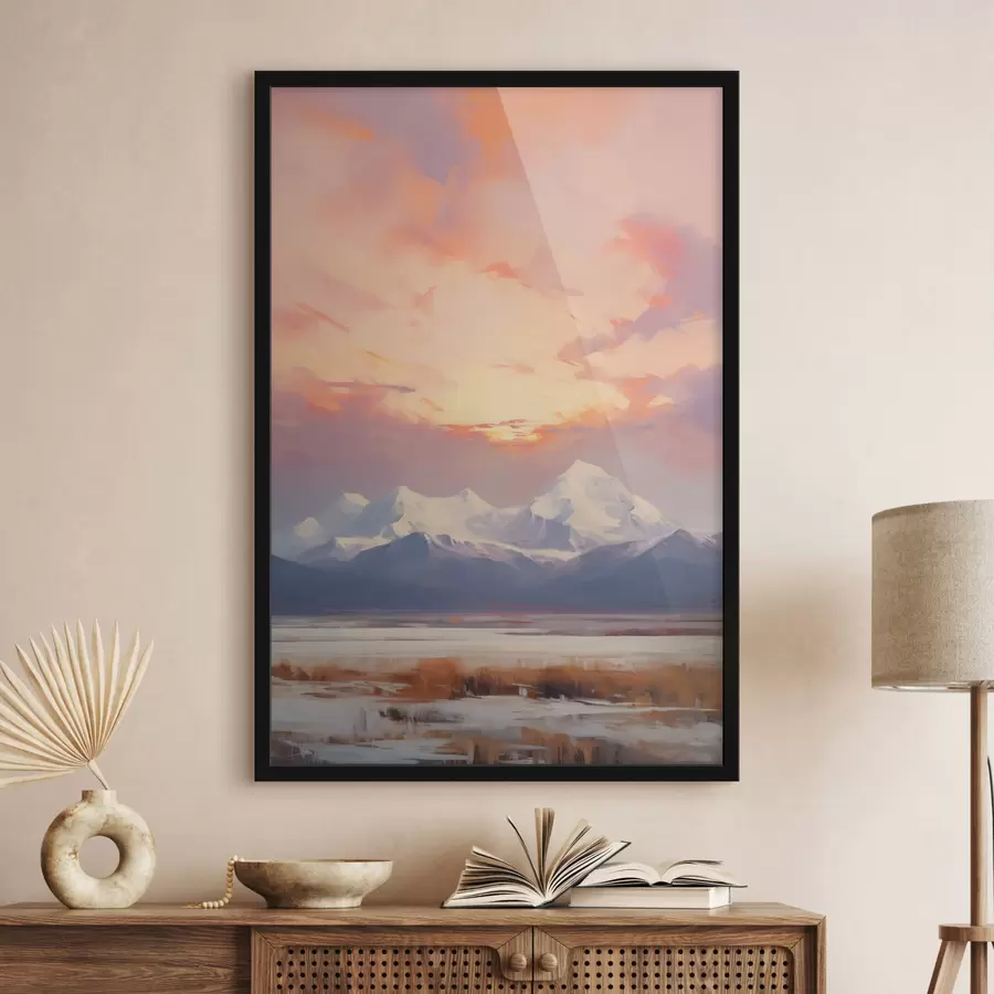 Papier peint Des montagnes aux sommets enneigés sous un ciel aux teintes vives d'orange et de rose, parsemé de nuages f48742