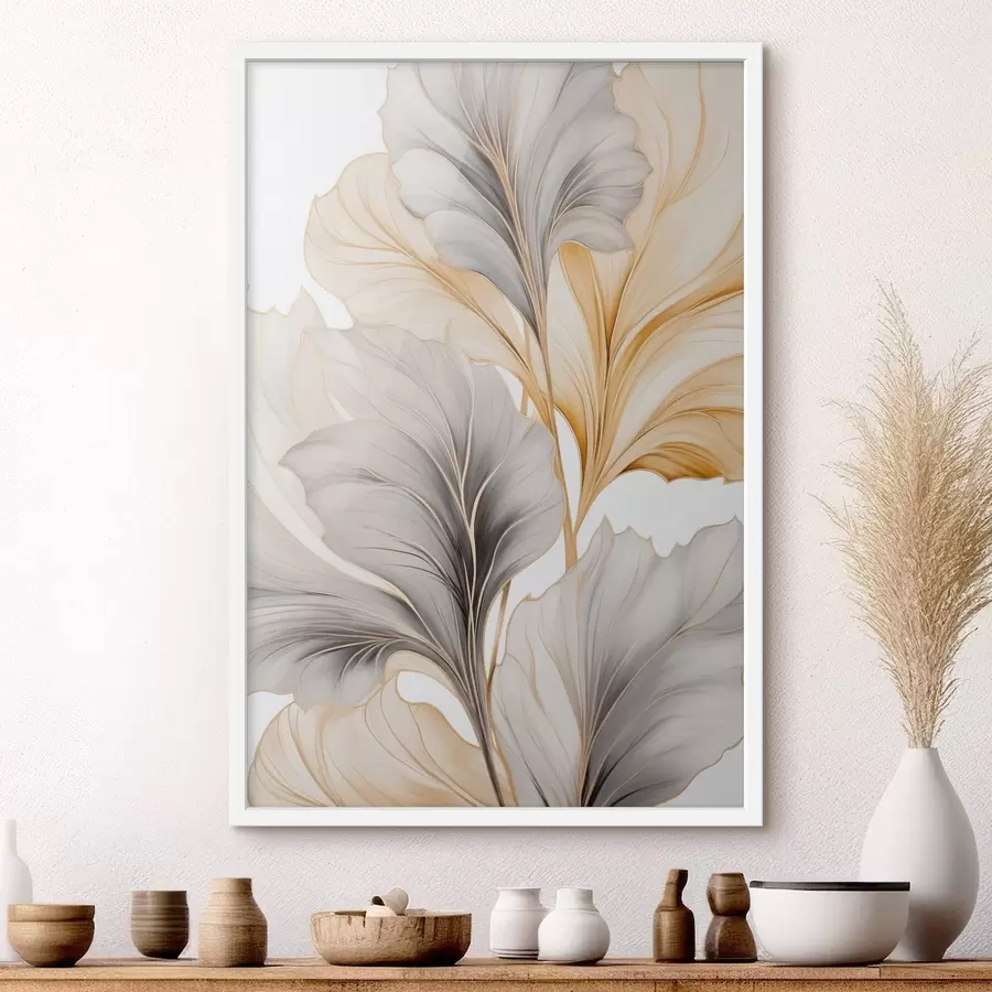 Papier peint De grandes feuilles translucides dans des tons de gris et de jaune f48745