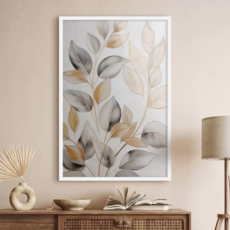 Papier peint De grandes feuilles translucides dans des tons de gris et de jaune f48746