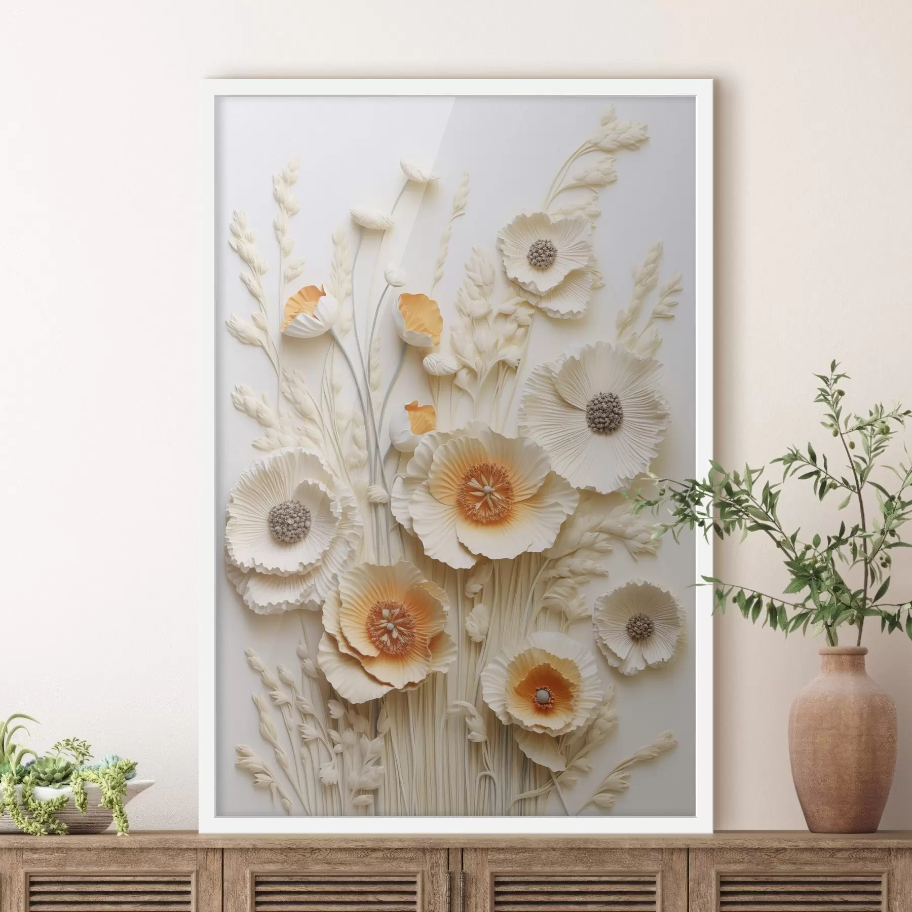 Papier peint Un bouquet de coquelicots crème et orange agrémenté de tiges de blé séchées f48747