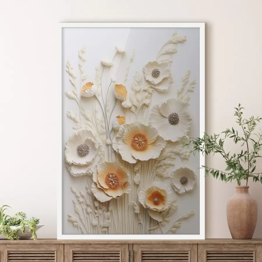 Papier peint Un bouquet de coquelicots crème et orange agrémenté de tiges de blé séchées f48747