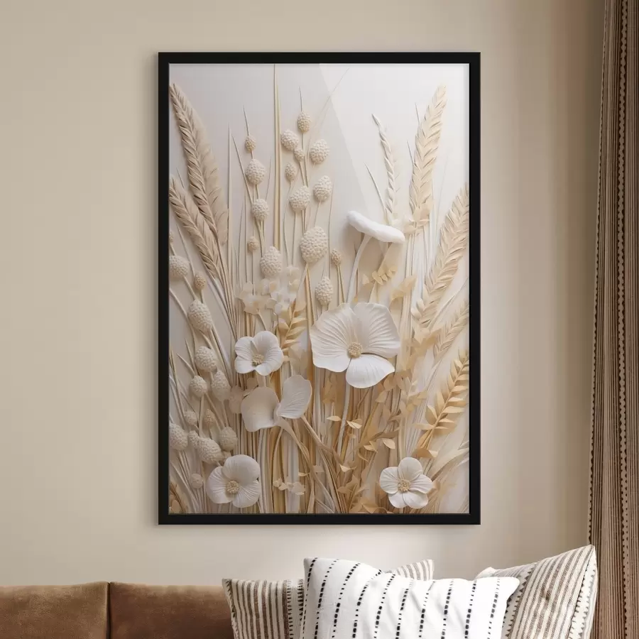 Papier peint Un bouquet de coquelicots crème agrémenté de tiges de blé séchées f48748