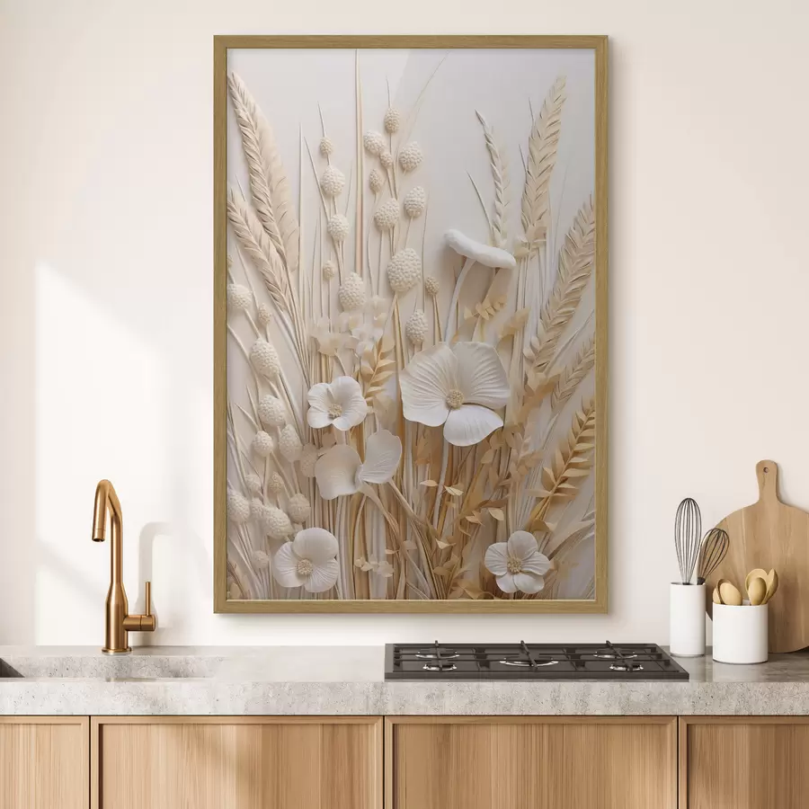 Papier peint Un bouquet de coquelicots crème agrémenté de tiges de blé séchées f48748