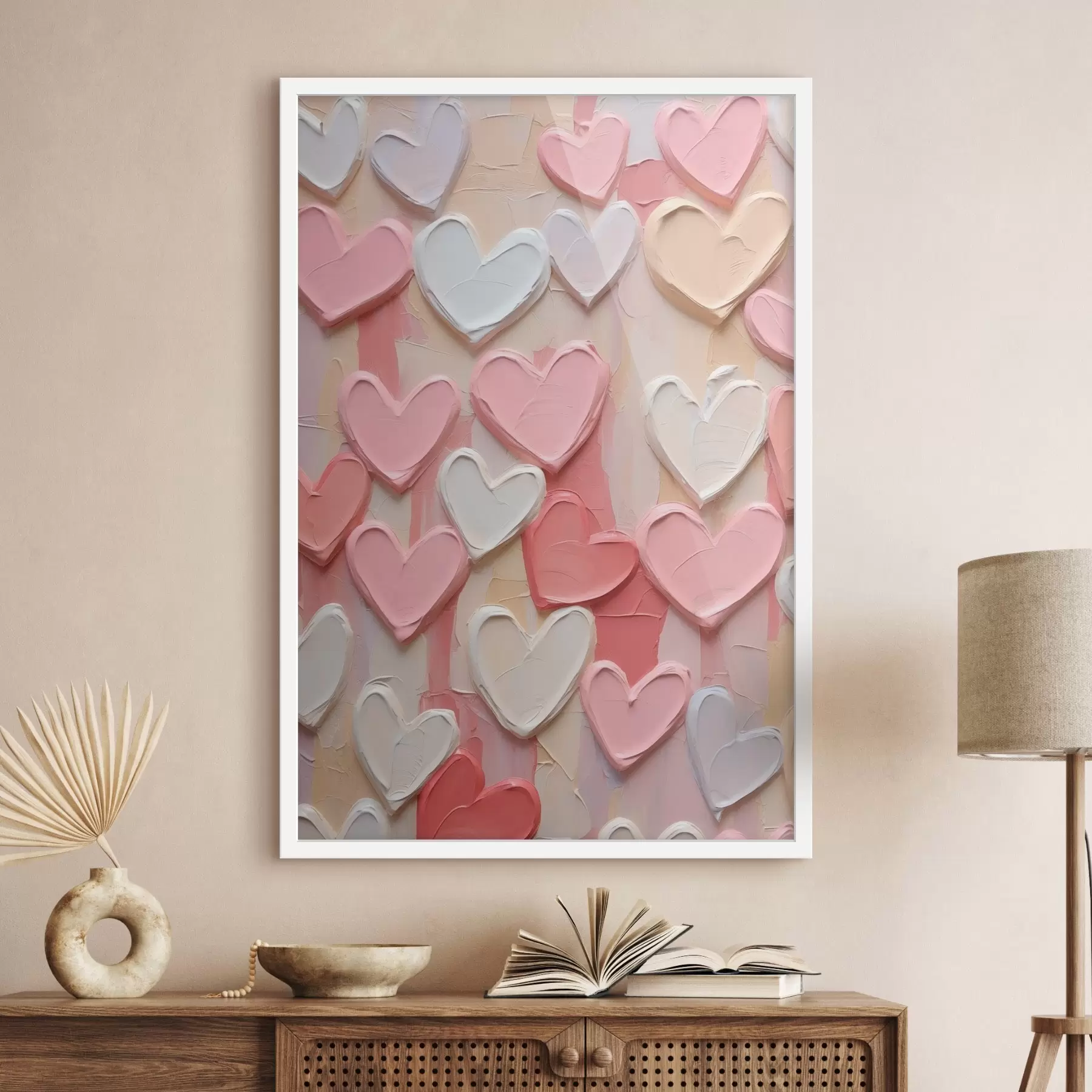 Papier peint Des cœurs dans différentes nuances de pêche et de rose, réalisés dans un style texturé et peint f48751