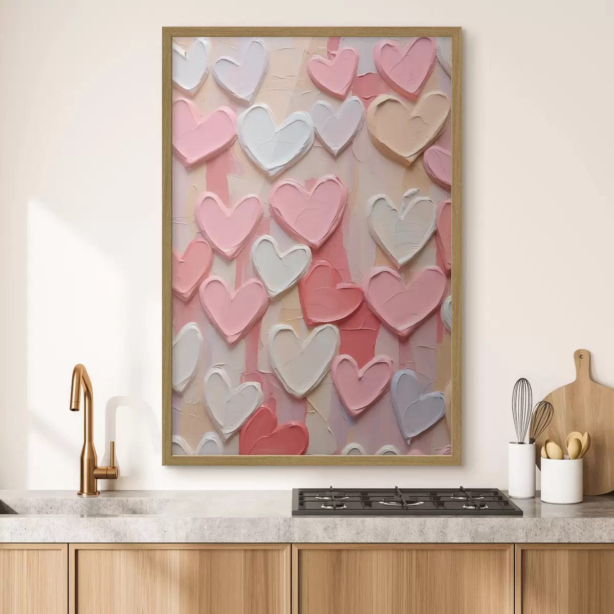 Poster Des cœurs dans différentes nuances de pêche et de rose, réalisés dans un style texturé et peint f48751
