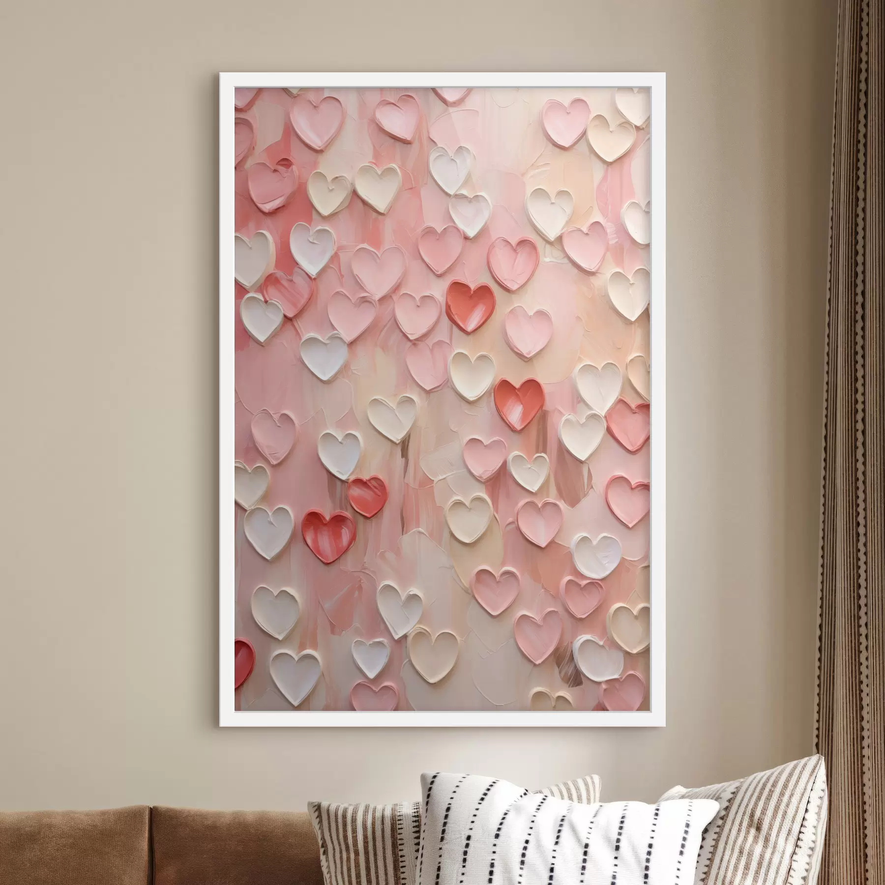 Papier peint Des cœurs dans différentes nuances de pêche et de rose, réalisés dans un style texturé et peint f48752