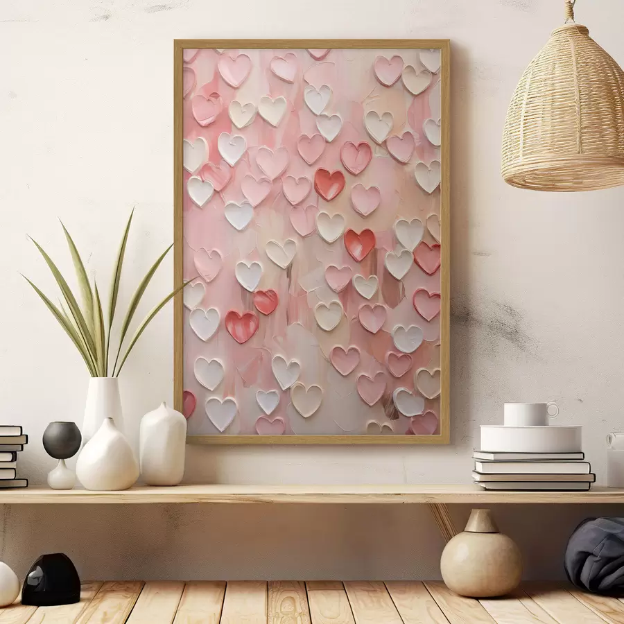 Papier peint Des cœurs dans différentes nuances de pêche et de rose, réalisés dans un style texturé et peint f48752