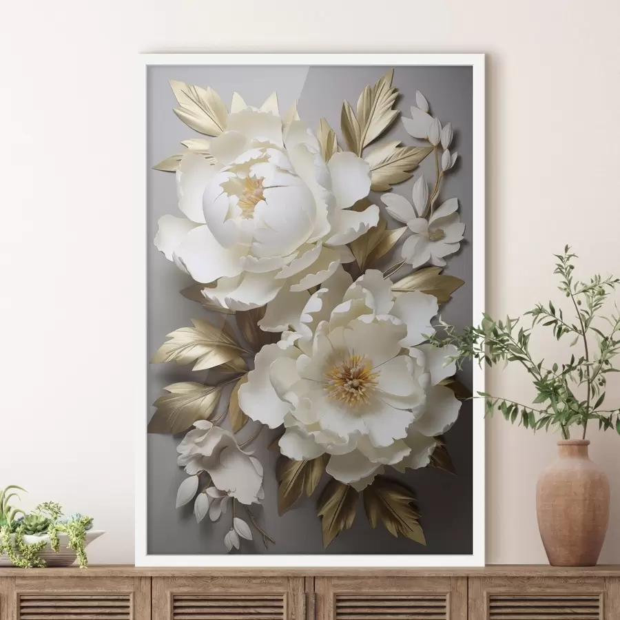 Papier peint De grandes pivoines blanches aux feuilles jaunes sur fond gris f48753
