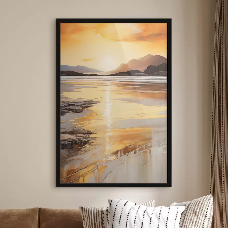 Papier peint Un paysage avec une rivière et des montagnes sous un ciel orange aux teintes chaudes, au coucher du soleil f48756